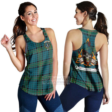 Kirkpatrick Tartan Women's Racerback Tanks with Family Crest and Bearded Skull Holding Bottles of Whiskey