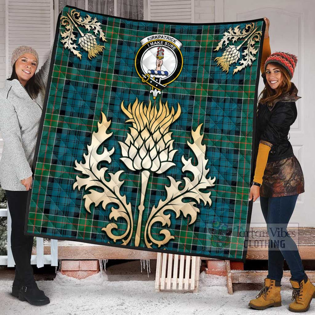 Tartan Vibes Clothing Kirkpatrick Tartan Quilt with Family Crest and Golden Thistle Style