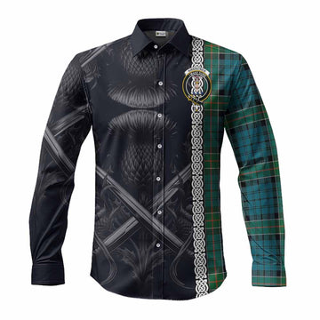 Kirkpatrick Tartan Long Sleeve Button Shirt with Family Crest Cross Sword Thistle Celtic Vibes