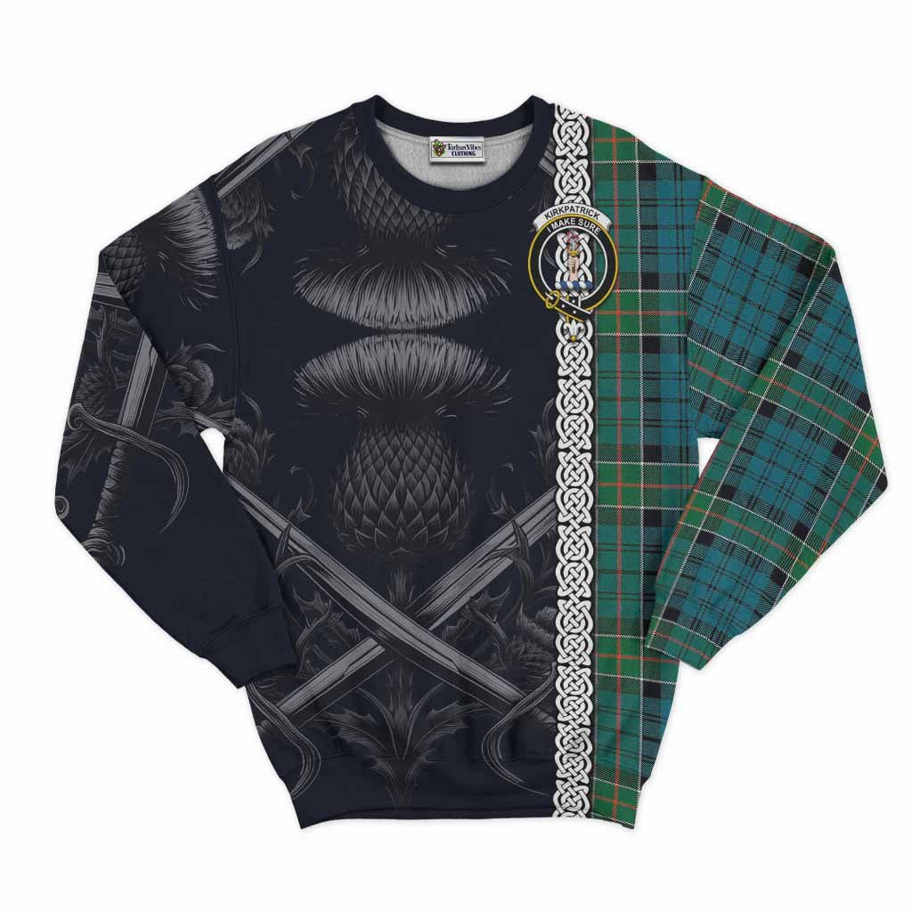 Tartan Vibes Clothing Kirkpatrick Tartan Sweatshirt with Family Crest Cross Sword Thistle Celtic Vibes