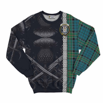 Kirkpatrick Tartan Sweatshirt with Family Crest Cross Sword Thistle Celtic Vibes