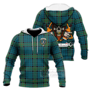 Kirkpatrick Tartan Knitted Hoodie with Family Crest and Bearded Skull Holding Bottles of Whiskey