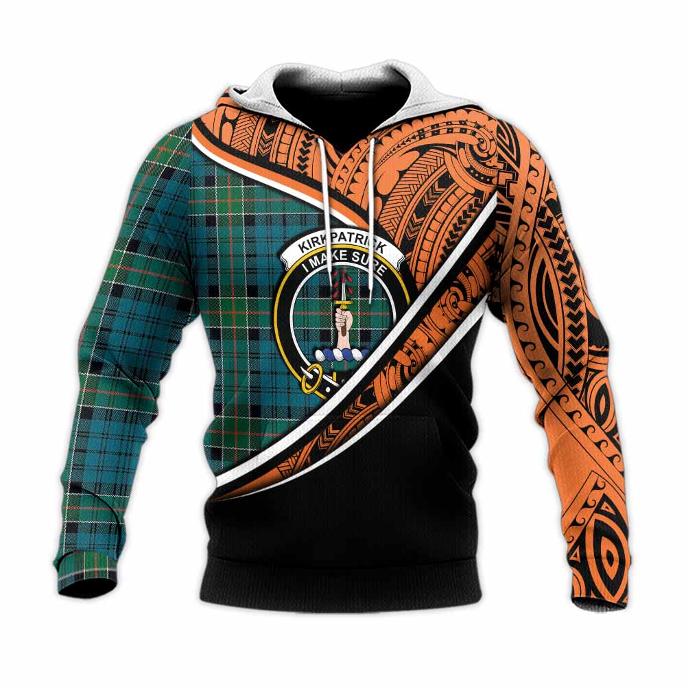 Tartan Vibes Clothing Kirkpatrick Crest Tartan Knitted Hoodie with Maori Tattoo Style - Orange Version