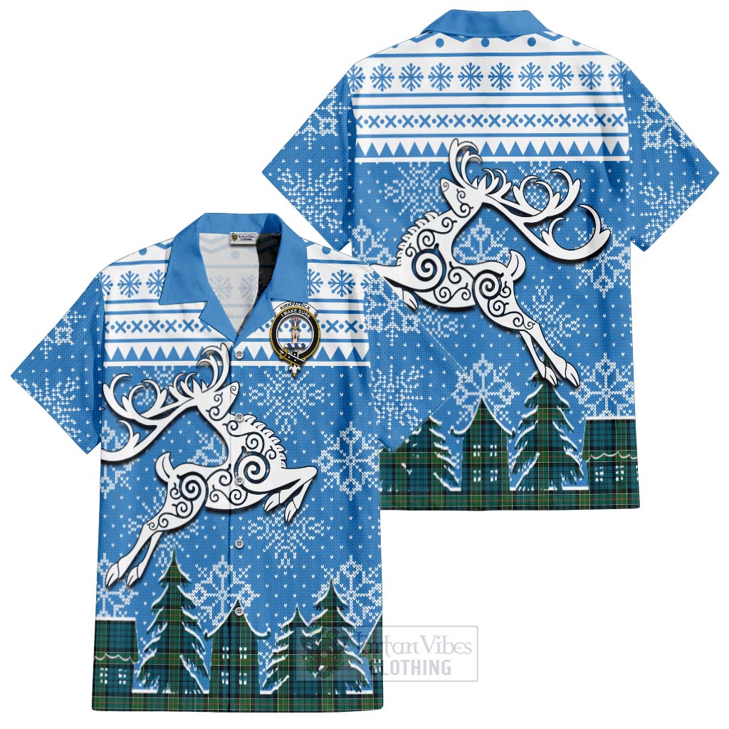 Tartan Vibes Clothing Kirkpatrick Clan Christmas Short Sleeve Button Shirt Celtic Reindeer Style