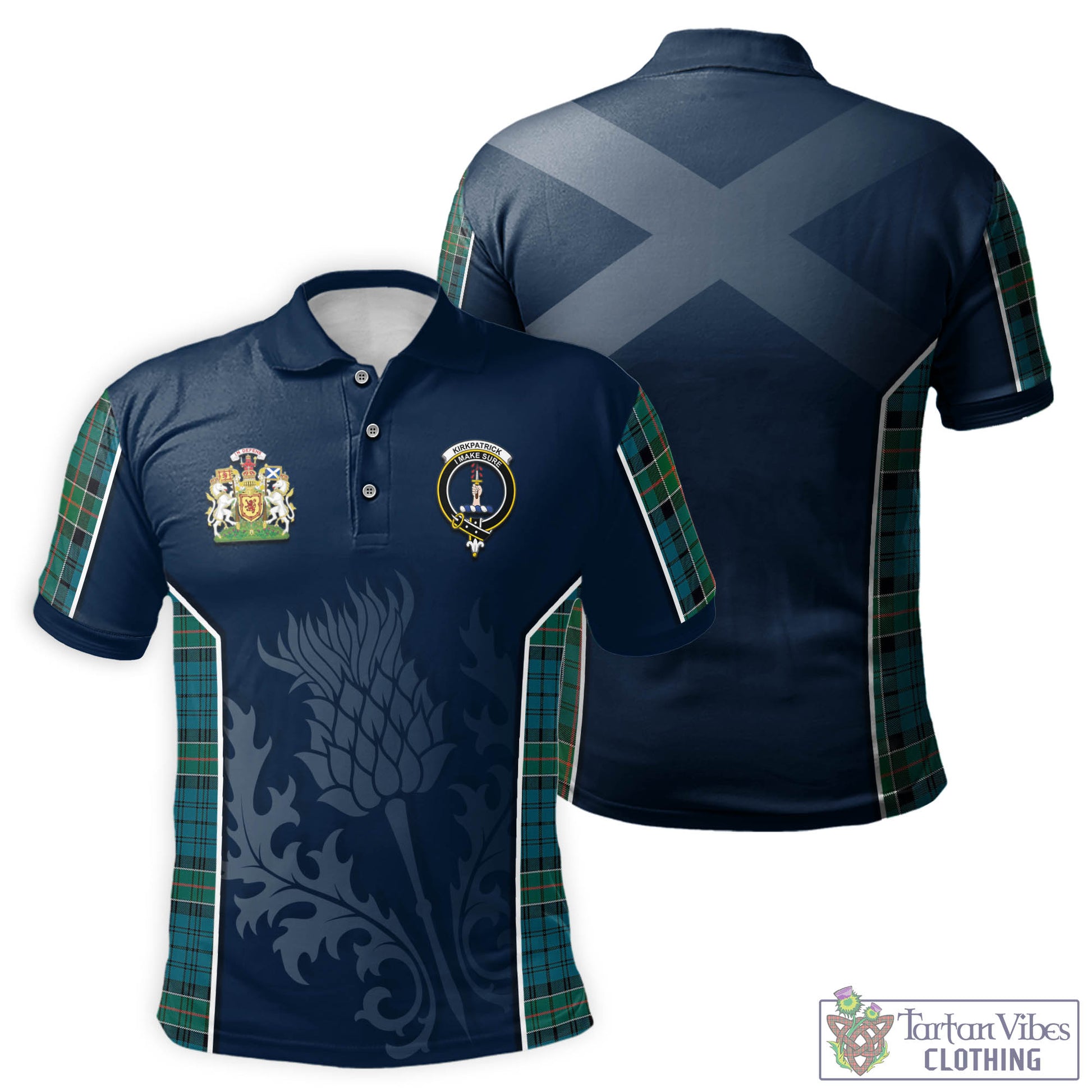 Tartan Vibes Clothing Kirkpatrick Tartan Men's Polo Shirt with Family Crest and Scottish Thistle Vibes Sport Style