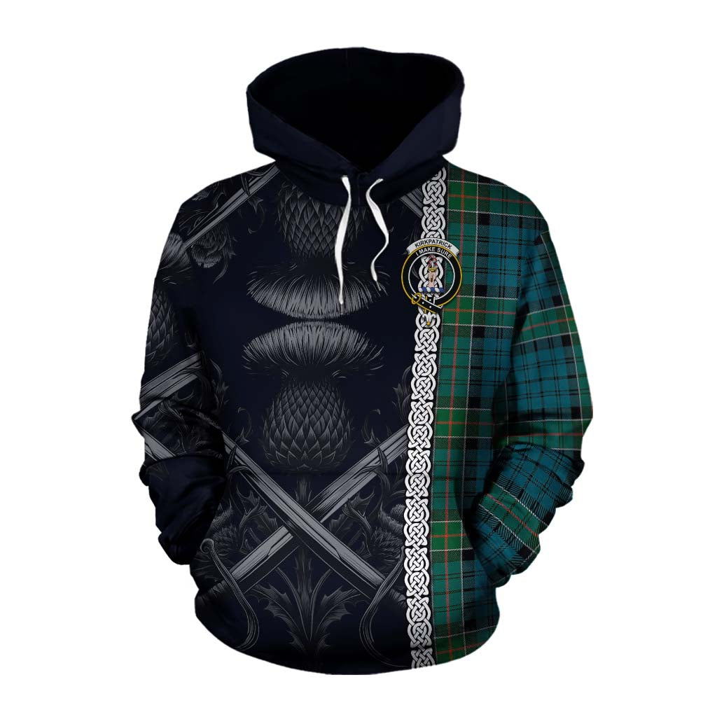 Tartan Vibes Clothing Kirkpatrick Tartan Cotton Hoodie with Family Crest Cross Sword Thistle Celtic Vibes