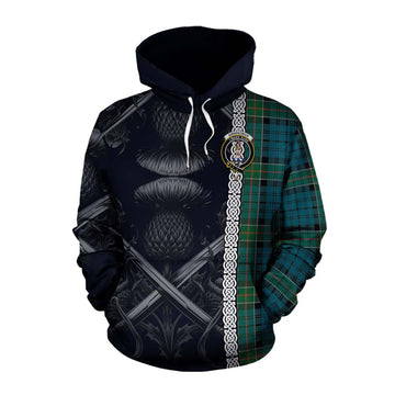 Kirkpatrick Tartan Cotton Hoodie with Family Crest Cross Sword Thistle Celtic Vibes