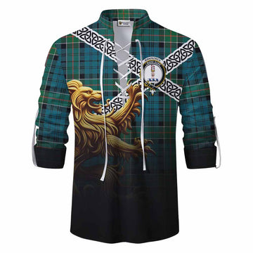 Kirkpatrick Crest Tartan Ghillie Kilt Shirt with Golden Lion Emblem Celtic Style Men - Tartan Vibes Clothing