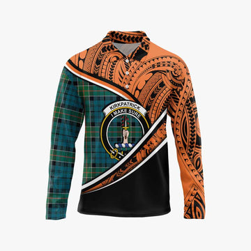 Kirkpatrick Crest Tartan Long Sleeve Polo Shirt with Polynesian Vibes Style - Orange Version