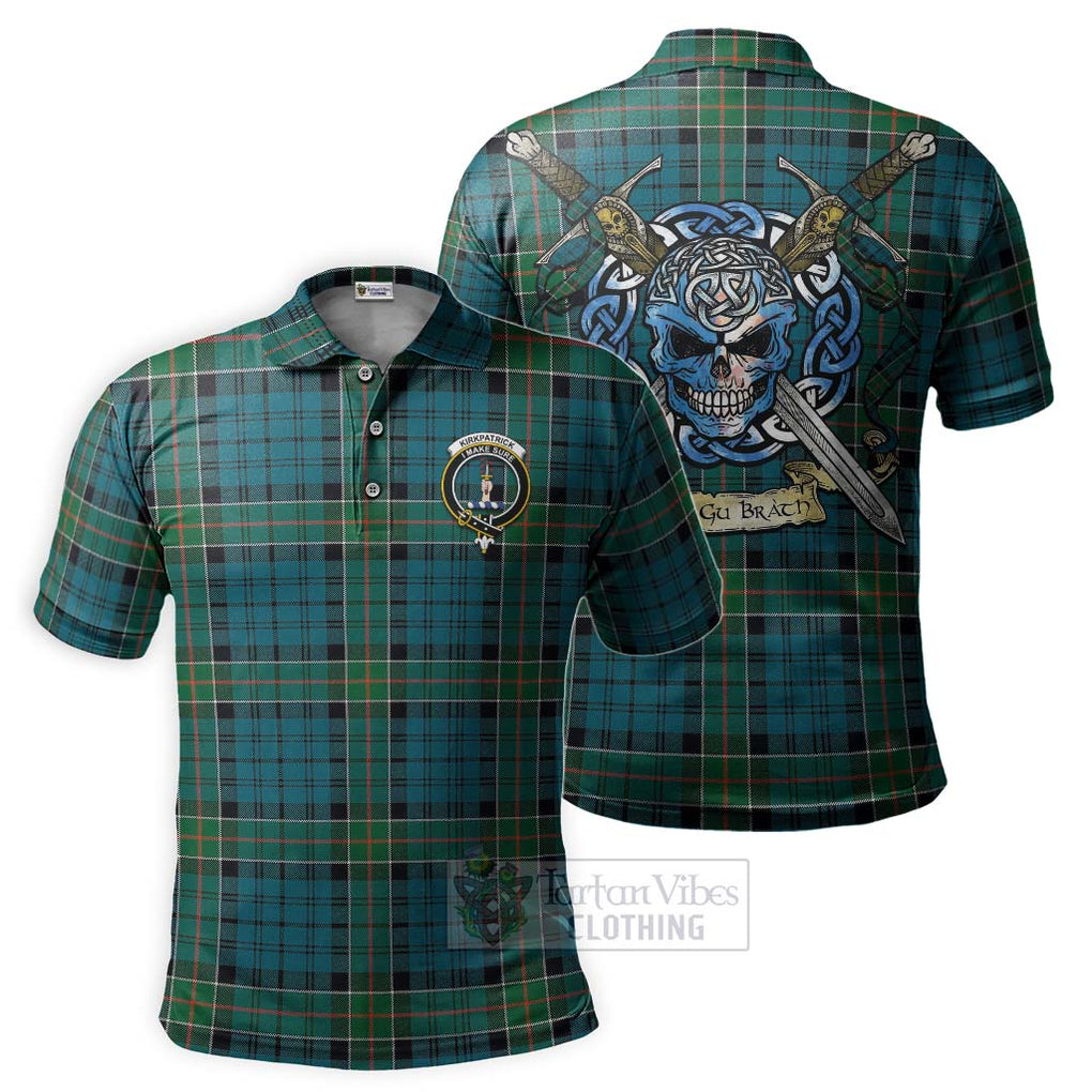 Tartan Vibes Clothing Kirkpatrick Tartan Polo Shirt with Family Crest Celtic Skull Style