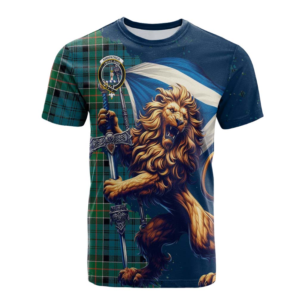 Tartan Vibes Clothing Kirkpatrick Tartan Family Crest Cotton T-shirt with Scottish Majestic Lion