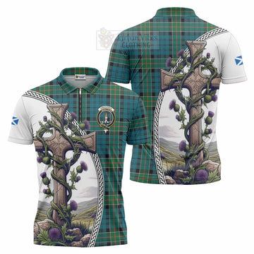 Kirkpatrick Tartan Zipper Polo Shirt with Family Crest and St. Andrew's Cross Accented by Thistle Vines