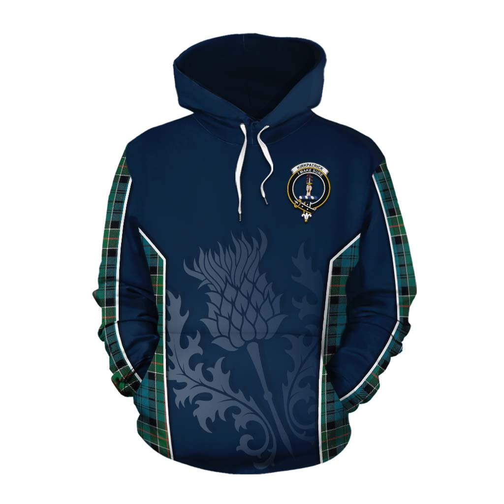 Tartan Vibes Clothing Kirkpatrick Tartan Cotton Hoodie with Family Crest and Scottish Thistle Vibes Sport Style