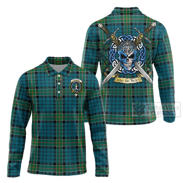 Kirkpatrick Tartan Long Sleeve Polo Shirt with Family Crest Celtic Skull Style