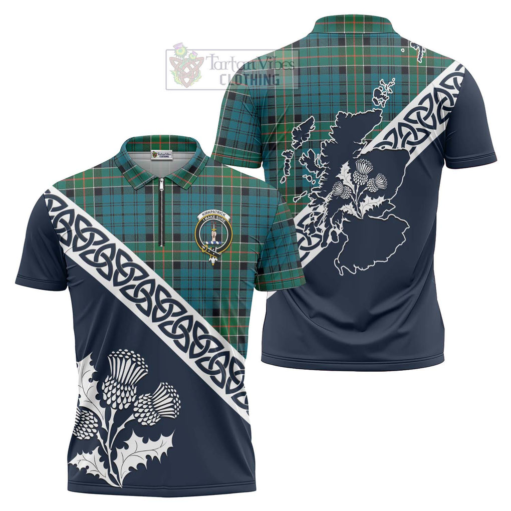 Tartan Vibes Clothing Kirkpatrick Tartan Zipper Polo Shirt Featuring Thistle and Scotland Map