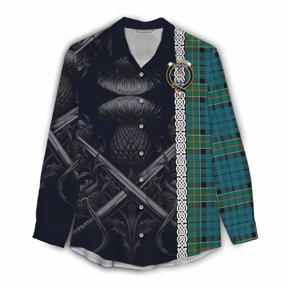 Tartan Vibes Clothing Kirkpatrick Tartan Women's Casual Shirt with Family Crest Cross Sword Thistle Celtic Vibes