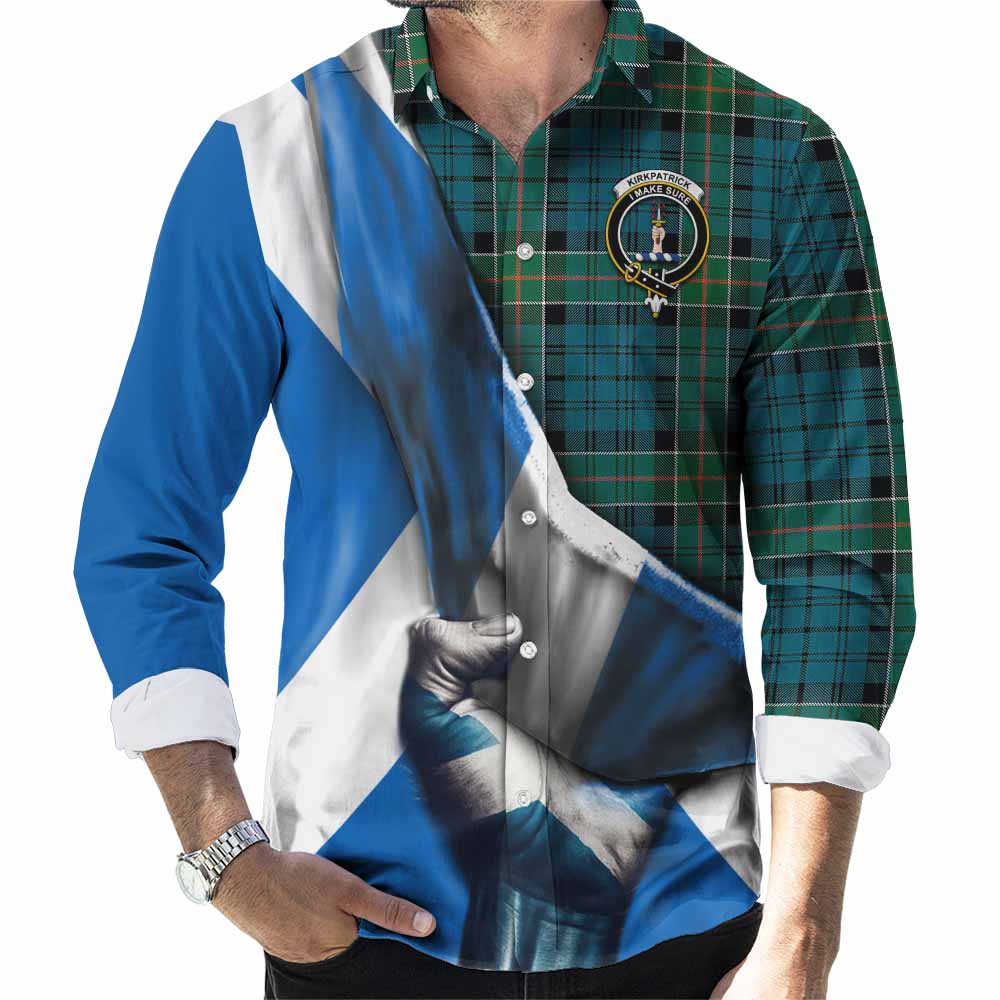 Tartan Vibes Clothing Kirkpatrick Tartan Long Sleeve Button Shirt with Family Crest Scotland Patriotic Style