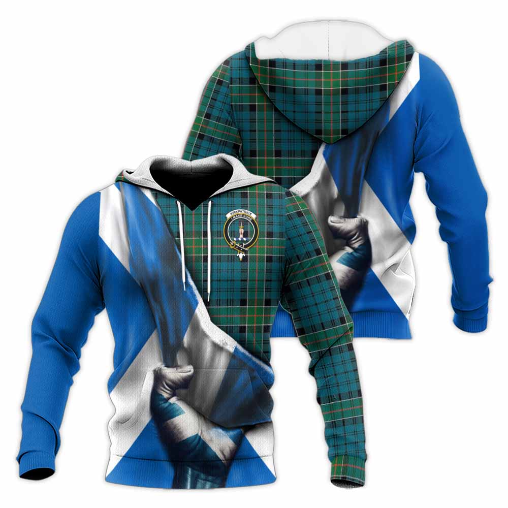 Tartan Vibes Clothing Kirkpatrick Tartan Knitted Hoodie with Family Crest Scotland Patriotic Style