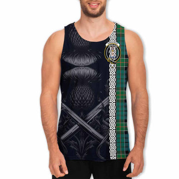 Kirkpatrick Tartan Men's Tank Top with Family Crest Cross Sword Thistle Celtic Vibes