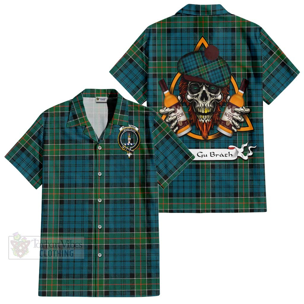 Tartan Vibes Clothing Kirkpatrick Tartan Short Sleeve Button Shirt with Family Crest and Bearded Skull Holding Bottles of Whiskey