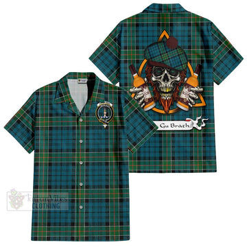 Kirkpatrick Tartan Short Sleeve Button Shirt with Family Crest and Bearded Skull Holding Bottles of Whiskey