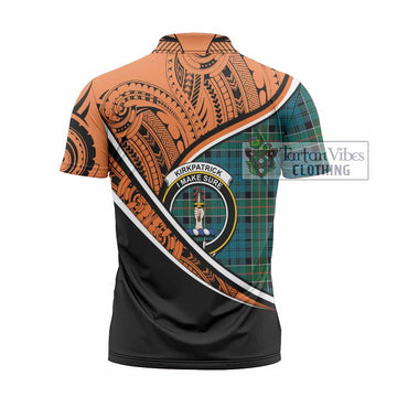 Kirkpatrick Crest Tartan Zipper Polo Shirt with Polynesian Vibes Style - Orange Version