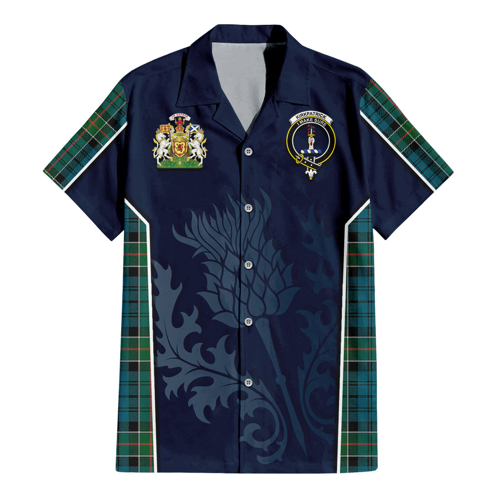 Tartan Vibes Clothing Kirkpatrick Tartan Short Sleeve Button Up Shirt with Family Crest and Scottish Thistle Vibes Sport Style