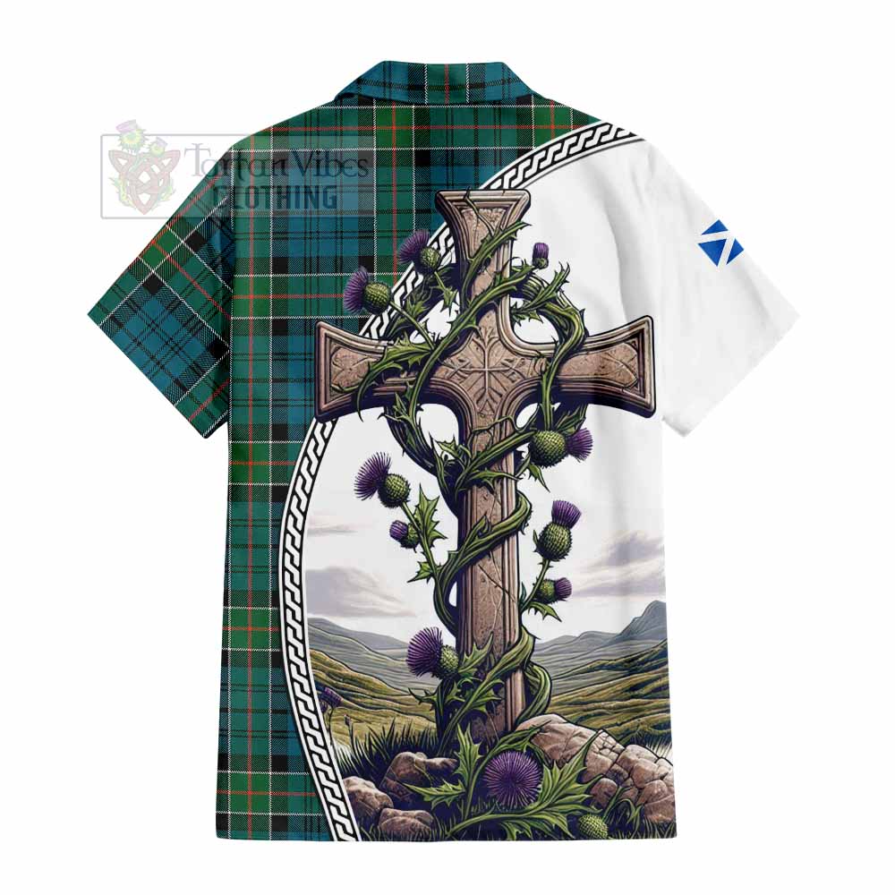 Tartan Vibes Clothing Kirkpatrick Tartan Short Sleeve Button Shirt with Family Crest and St. Andrew's Cross Accented by Thistle Vines