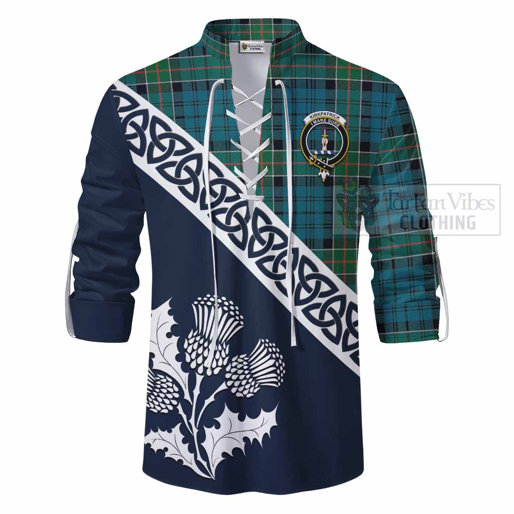 Tartan Vibes Clothing Kirkpatrick Tartan Ghillie Kilt Shirt Featuring Thistle and Scotland Map