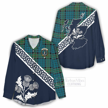 Kirkpatrick Tartan Women's Casual Shirt Featuring Thistle and Scotland Map