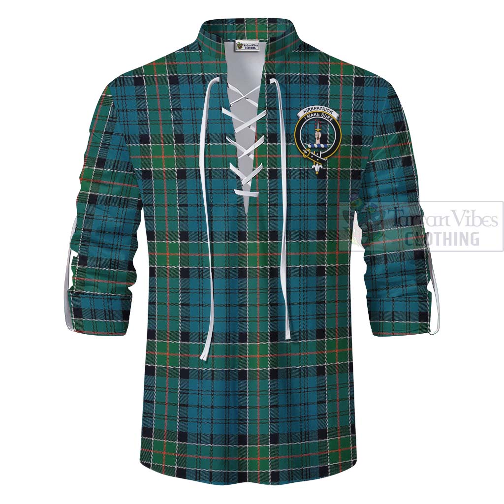 Tartan Vibes Clothing Kirkpatrick Tartan Ghillie Kilt Shirt with Family Crest and Bearded Skull Holding Bottles of Whiskey