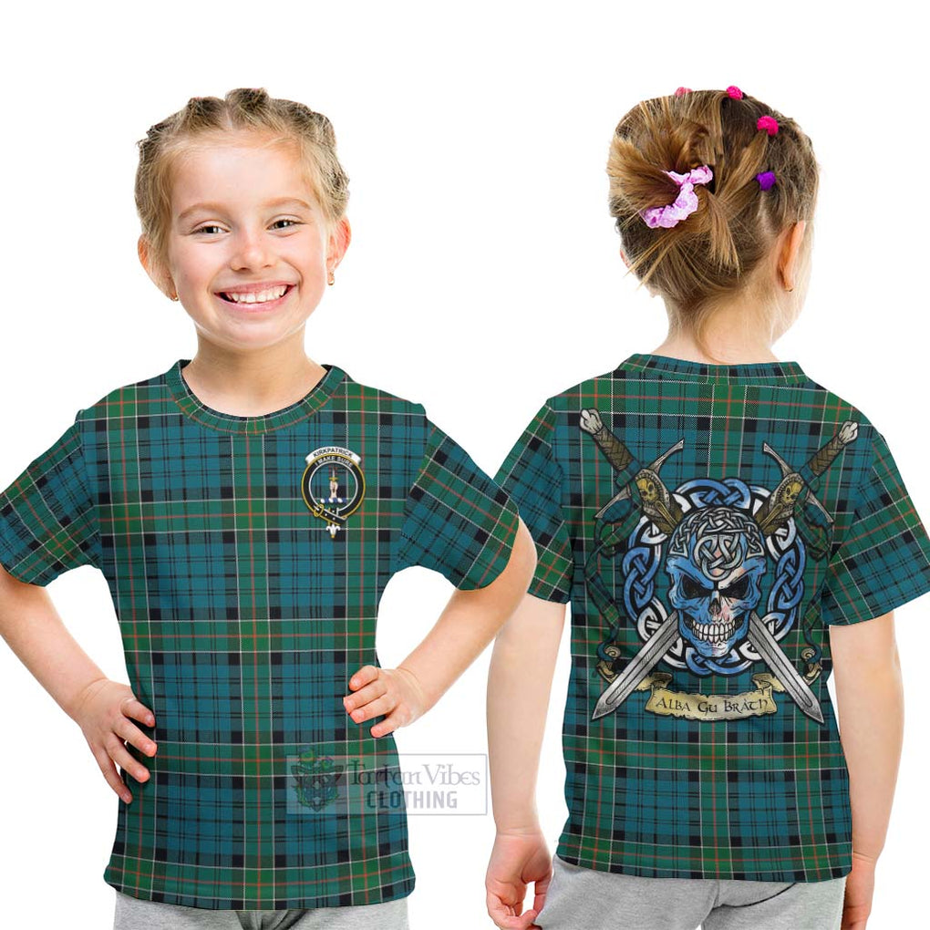 Tartan Vibes Clothing Kirkpatrick Tartan Kid T-Shirt with Family Crest Celtic Skull Style