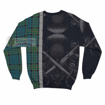 Kirkpatrick Tartan Sweatshirt with Family Crest Cross Sword Thistle Celtic Vibes