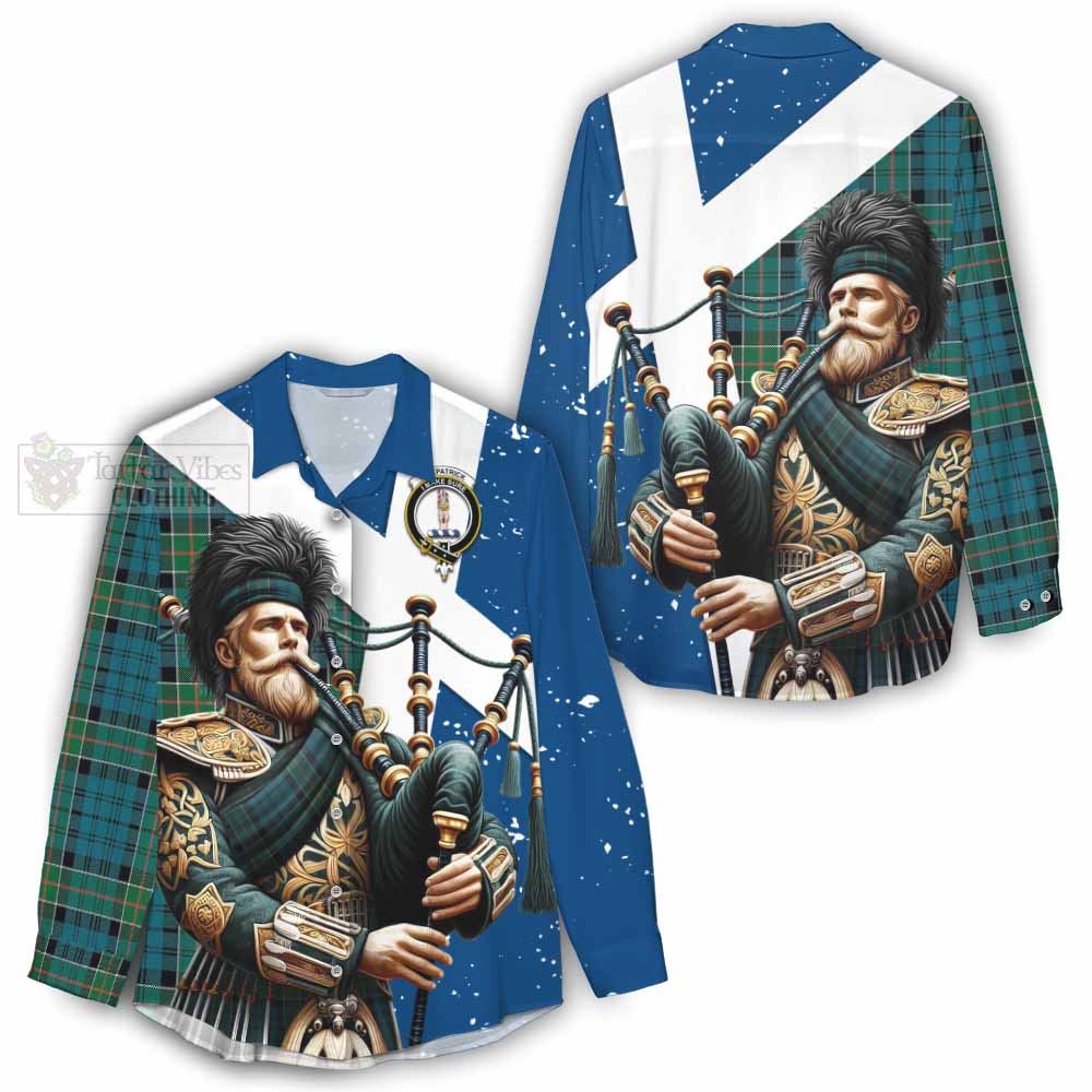 Tartan Vibes Clothing Kirkpatrick Tartan Women's Casual Shirt with Family Crest Scottish Bagpiper Vibes