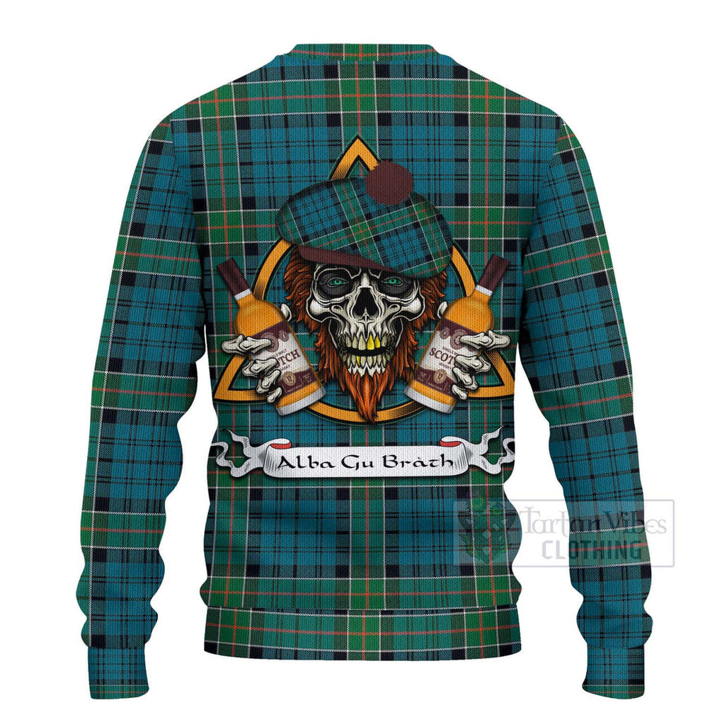 Tartan Vibes Clothing Kirkpatrick Tartan Knitted Sweater with Family Crest and Bearded Skull Holding Bottles of Whiskey