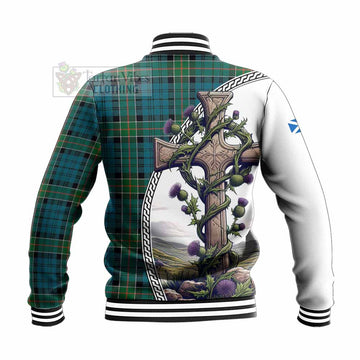 Kirkpatrick Tartan Baseball Jacket with Family Crest and St. Andrew's Cross Accented by Thistle Vines