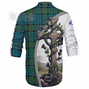 Kirkpatrick Tartan Ghillie Kilt Shirt with Family Crest and St. Andrew's Cross Accented by Thistle Vines