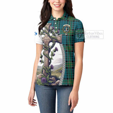 Kirkpatrick Tartan Women's Polo Shirt with Family Crest and St. Andrew's Cross Accented by Thistle Vines