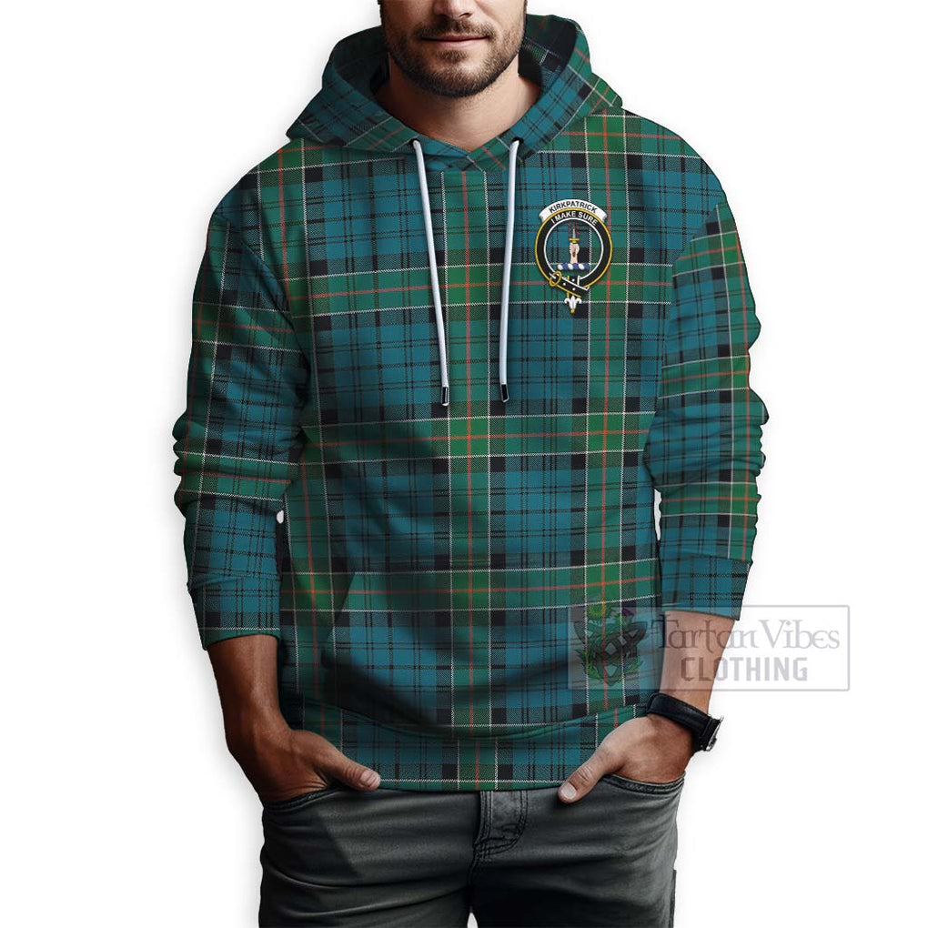 Tartan Vibes Clothing Kirkpatrick Tartan Hoodie with Family Crest and Bearded Skull Holding Bottles of Whiskey