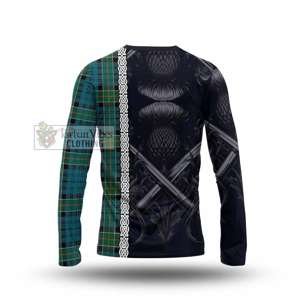 Tartan Vibes Clothing Kirkpatrick Tartan Long Sleeve T-Shirt with Family Crest Cross Sword Thistle Celtic Vibes