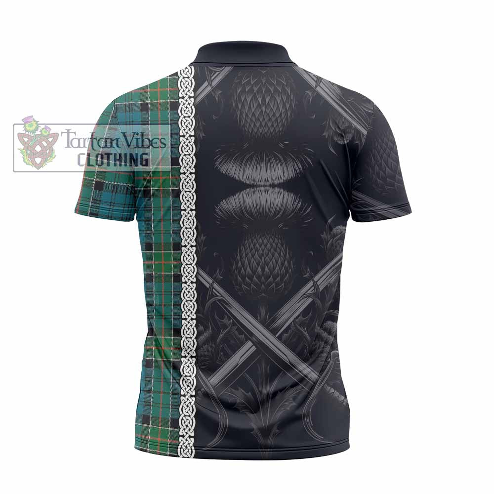 Tartan Vibes Clothing Kirkpatrick Tartan Zipper Polo Shirt with Family Crest Cross Sword Thistle Celtic Vibes