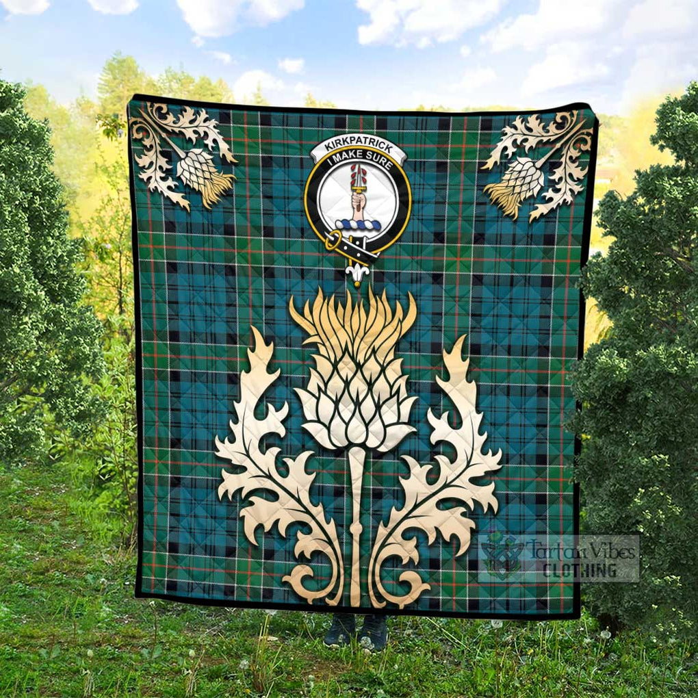 Tartan Vibes Clothing Kirkpatrick Tartan Quilt with Family Crest and Golden Thistle Style