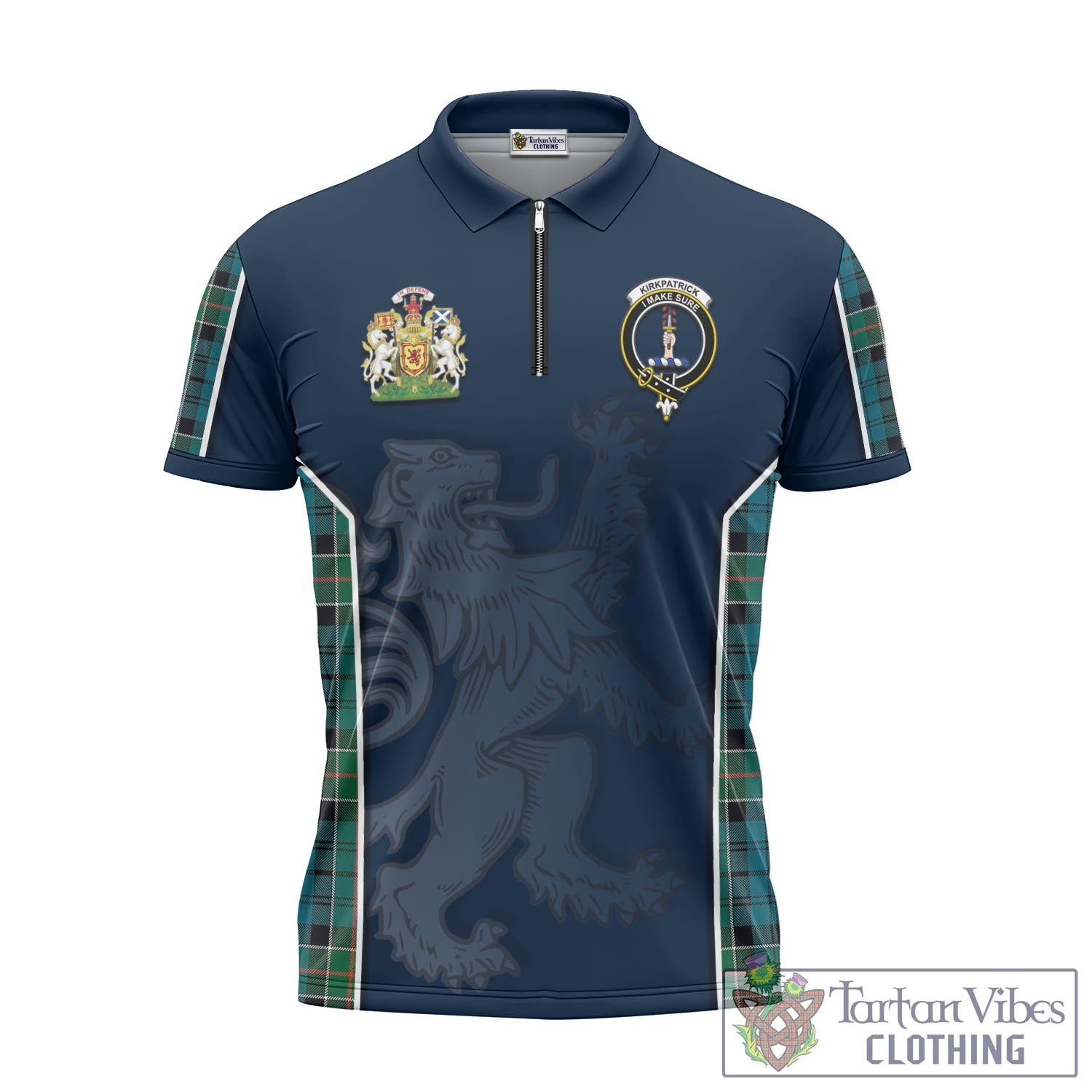 Tartan Vibes Clothing Kirkpatrick Tartan Zipper Polo Shirt with Family Crest and Lion Rampant Vibes Sport Style