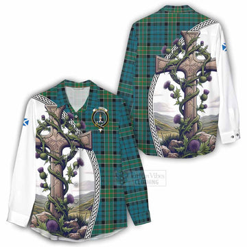 Kirkpatrick Tartan Women's Casual Shirt with Family Crest and St. Andrew's Cross Accented by Thistle Vines