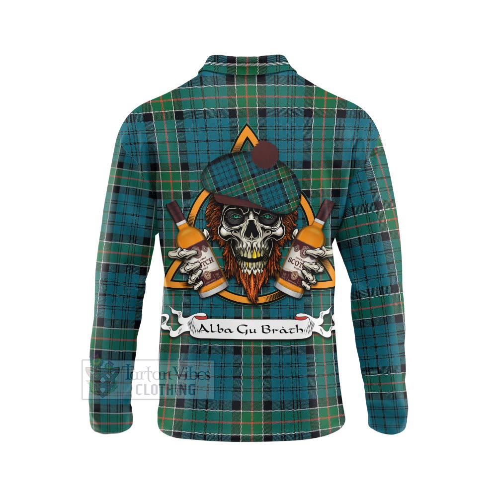 Tartan Vibes Clothing Kirkpatrick Tartan Long Sleeve Polo Shirt with Family Crest and Bearded Skull Holding Bottles of Whiskey