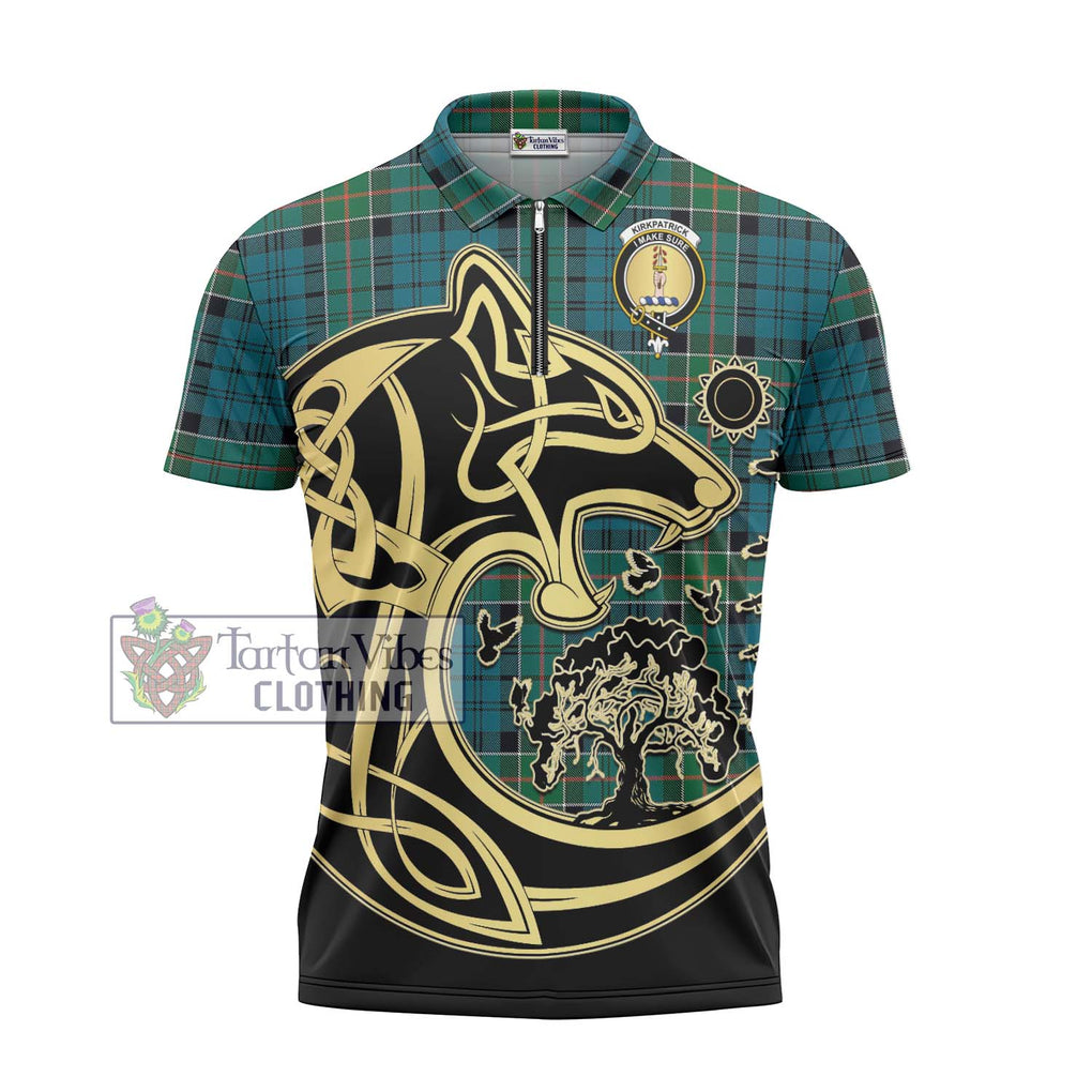 Kirkpatrick Tartan Zipper Polo Shirt with Family Crest Celtic Wolf Style - Tartanvibesclothing Shop