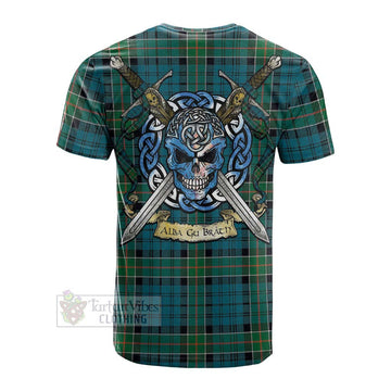 Kirkpatrick Tartan Cotton T-shirt with Family Crest Celtic Skull Style