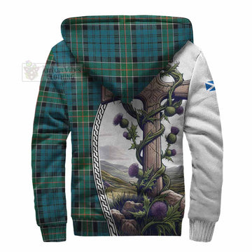 Kirkpatrick Tartan Sherpa Hoodie with Family Crest and St. Andrew's Cross Accented by Thistle Vines