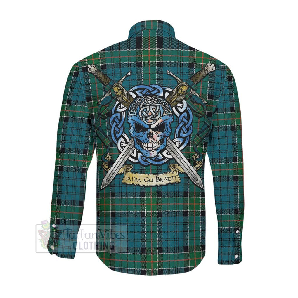 Tartan Vibes Clothing Kirkpatrick Tartan Long Sleeve Button Shirt with Family Crest Celtic Skull Style