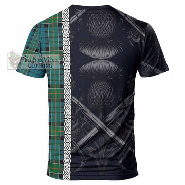 Kirkpatrick Tartan T-Shirt with Family Crest Cross Sword Thistle Celtic Vibes